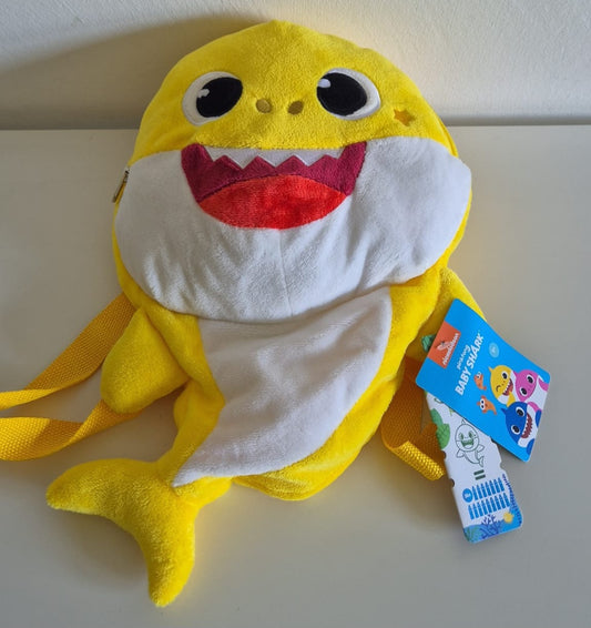 Gele Baby Shark kinderrugzak van pluche – speelgoedtas met vrolijk ontwerp en zachte stof
