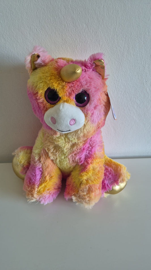 Pluche eenhoorn knuffel in regenboogkleuren met gouden hoorn en pootjes – zachte unicorn knuffel voor kinderen