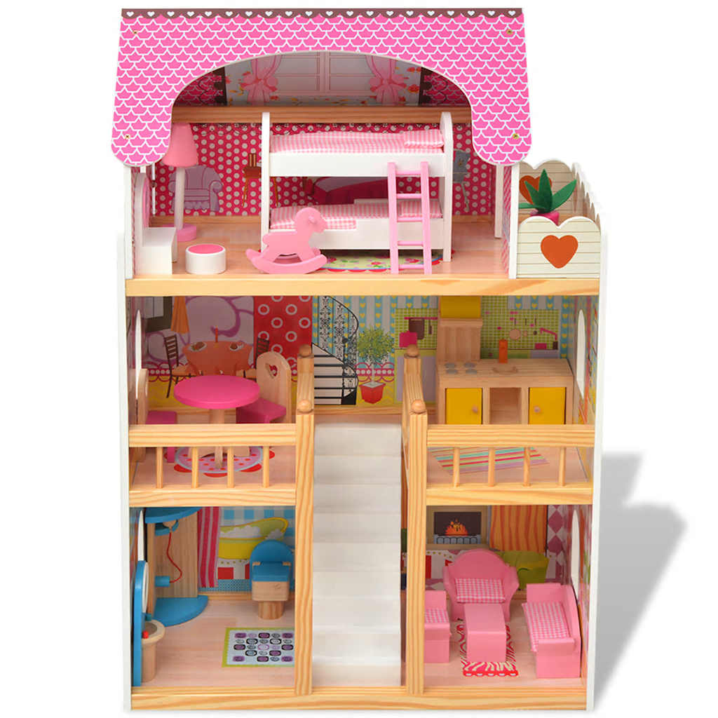 Luxe poppenhuis van hout inclusief trap, kamers en accessoires