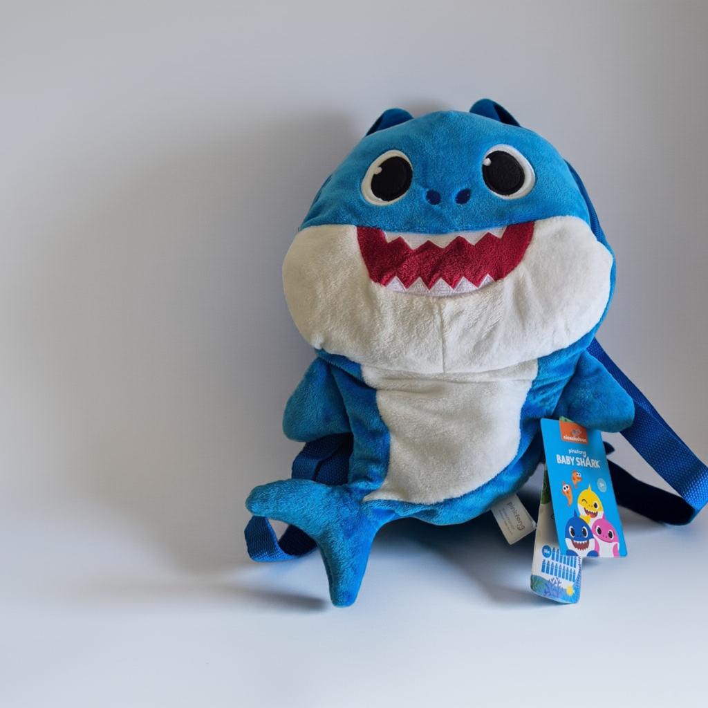 Kinderrugzak Baby Shark van pluche – blauwe knuffelbare speelgoedtas met verstelbare bandjes