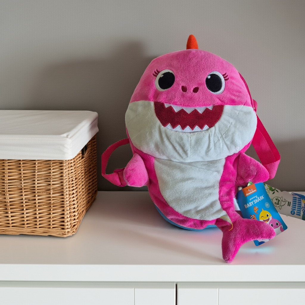 Pluche speelgoed rugtas voor meisjes – Baby Shark knuffeltas in vrolijke roze kleur