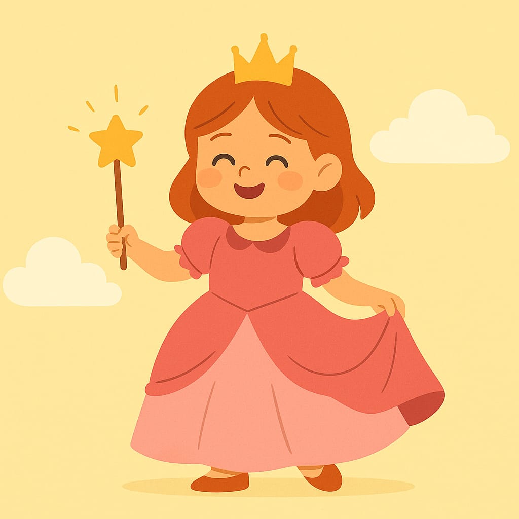 Lachend meisje in roze prinsessenjurk met kroon en toverstaf