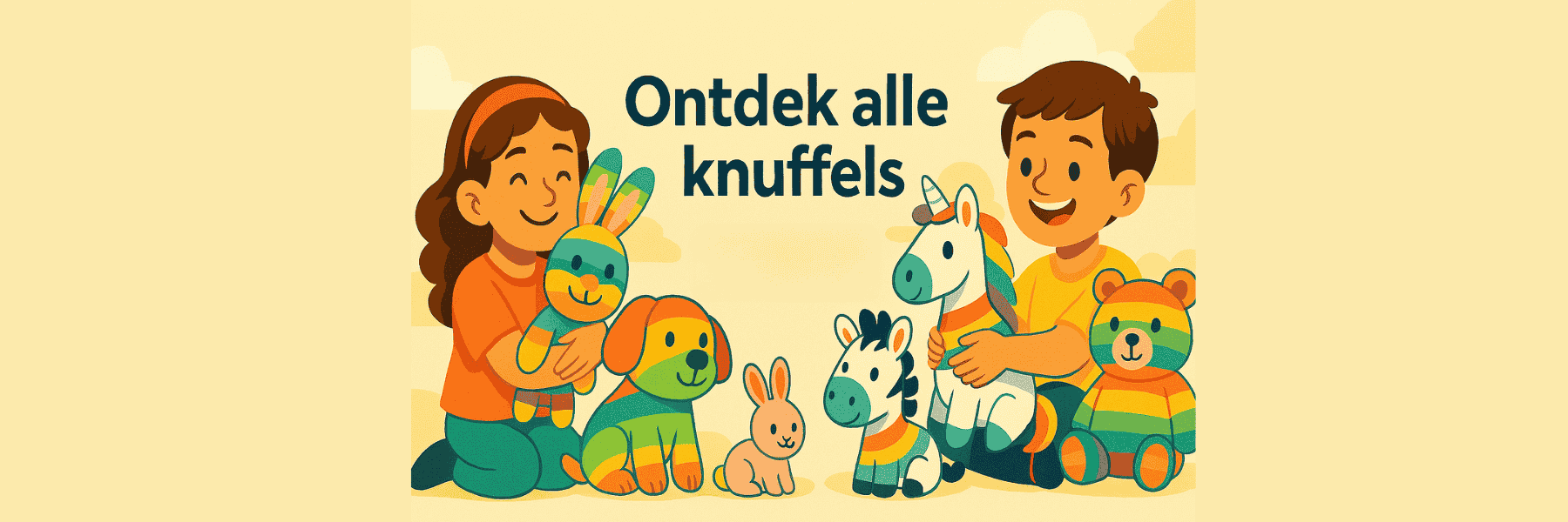 Illustratie van lachend meisje en jongen met kleurrijke knuffels - Ontdek alle knuffels bij Toytastisch