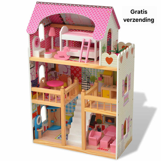 Roze houten poppenhuis met meubels – ideaal speelgoed voor meisjes