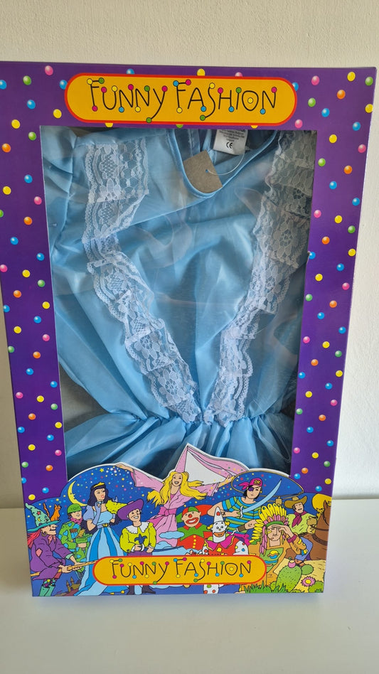 Blauwe prinsessenjurk voor meisjes in kleurrijke Funny Fashion cadeaudoos – verkleedjurk maat 8-10 jaar voor carnaval of verkleedfeest