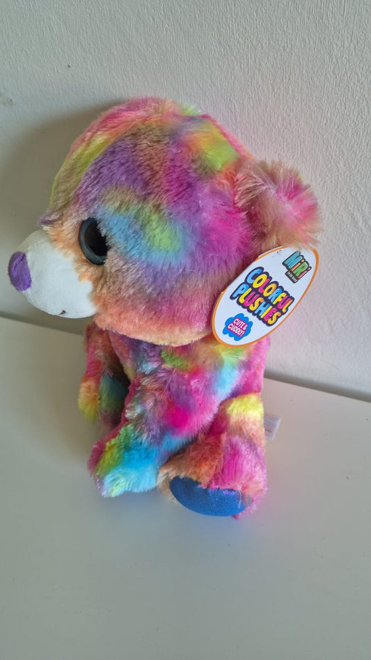 Regenboogkleurige berenknuffel met grote blauwe ogen en paarse neus, zittend op een witte achtergrond.