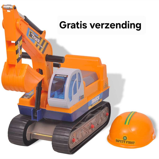 Oranje speelgoed graafmachine voor kinderen – inclusief bouwhelm en realistische details