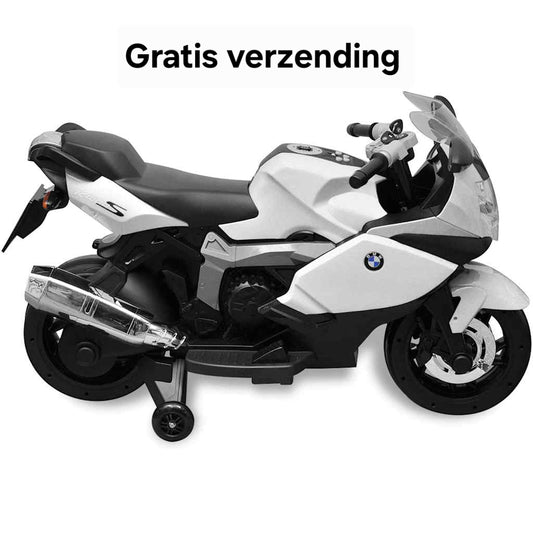 Witte elektrische speelgoedmotor voor kinderen – realistische motorfiets met zijwielen
